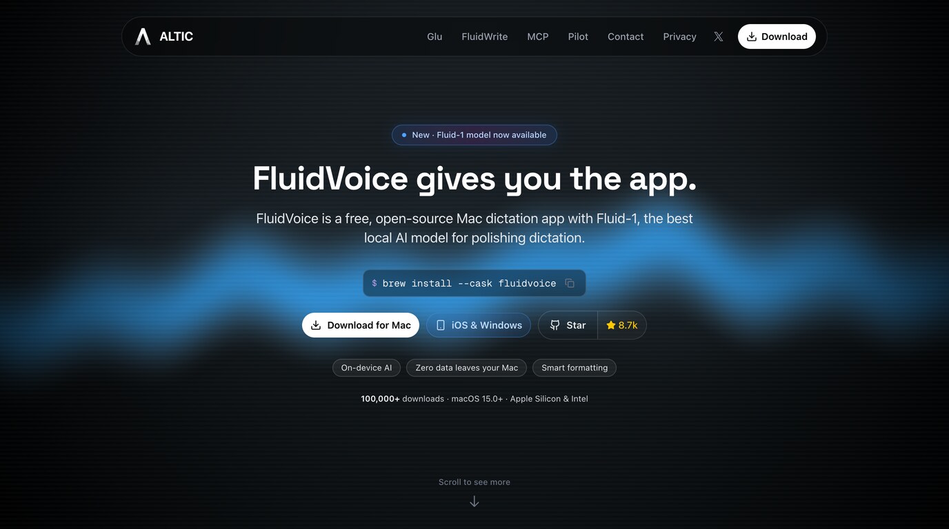 The FluidVoice landing page: a free, open-source on-device dictation app for macOS